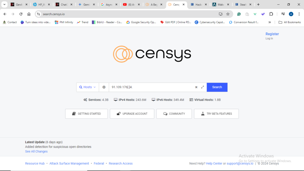 Censys.io search engine interface for identifying exposed devices and services for comprehensive network security analysis.