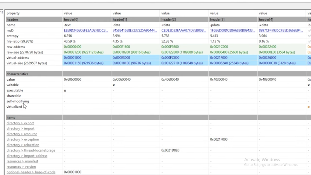 Visual representation of Portable Executable (PE) section headers used in malware analysis.