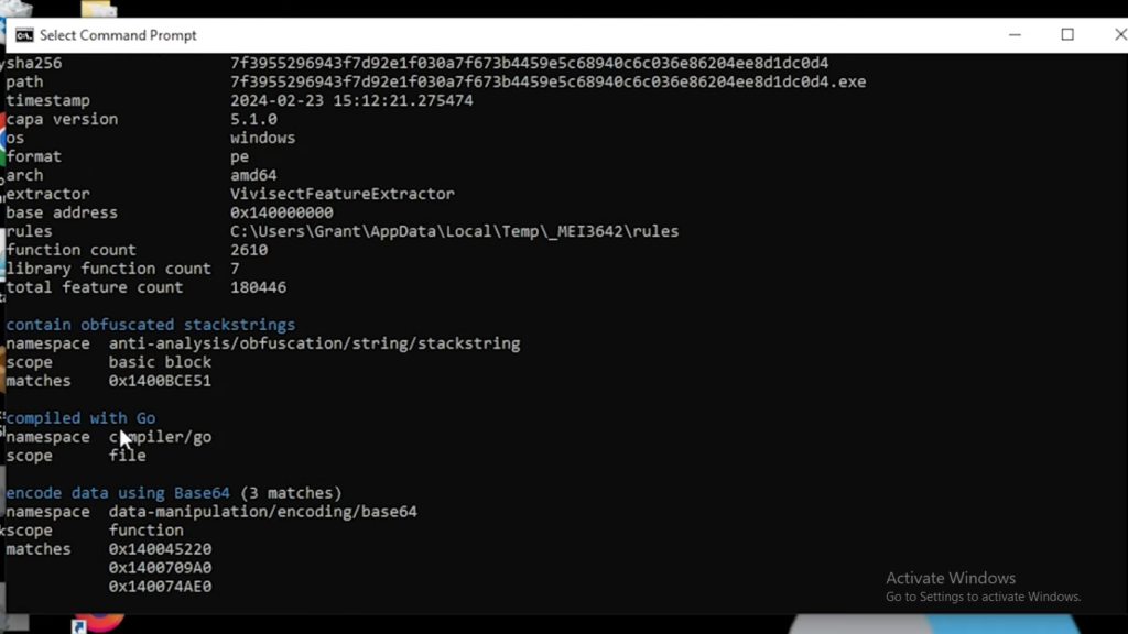 Using Capa to analyze the behaviour of AsyncRAT malware by running the binary, showcasing key insights for malware analysis.