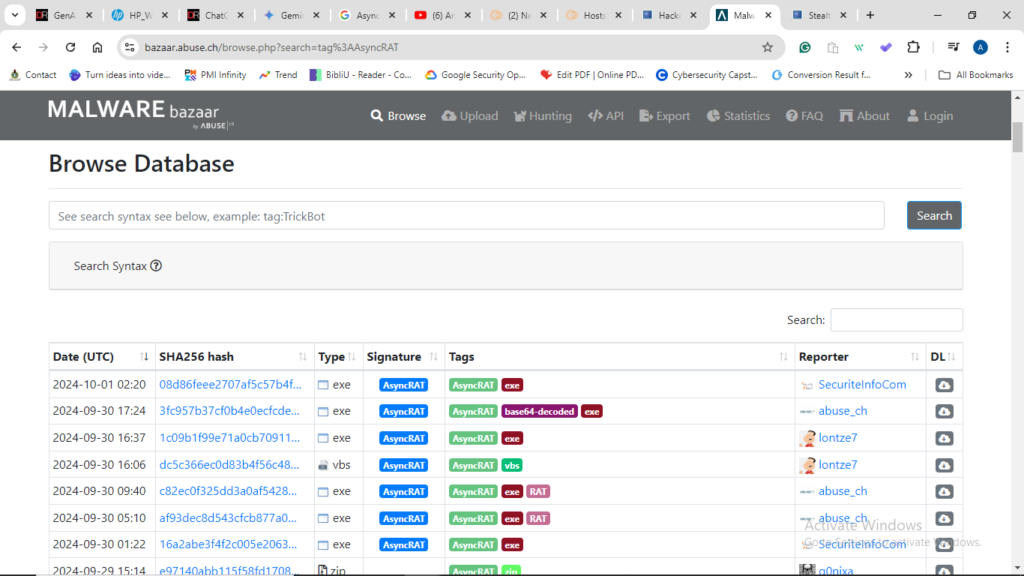 Step-by-step guide showing how to download the AsyncRAT malware variant through Malware Bazaar for research purposes.